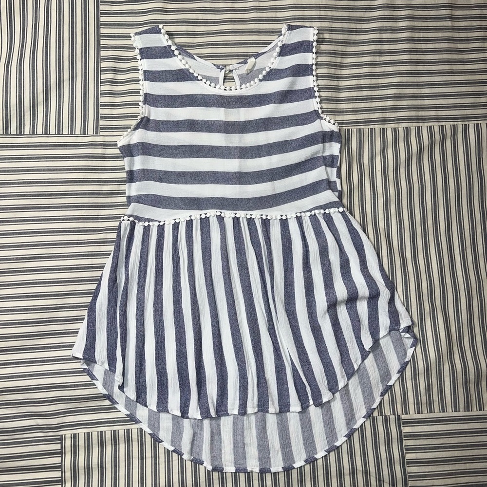 Pink Blush sleeveless peplum top / chambray & white striped